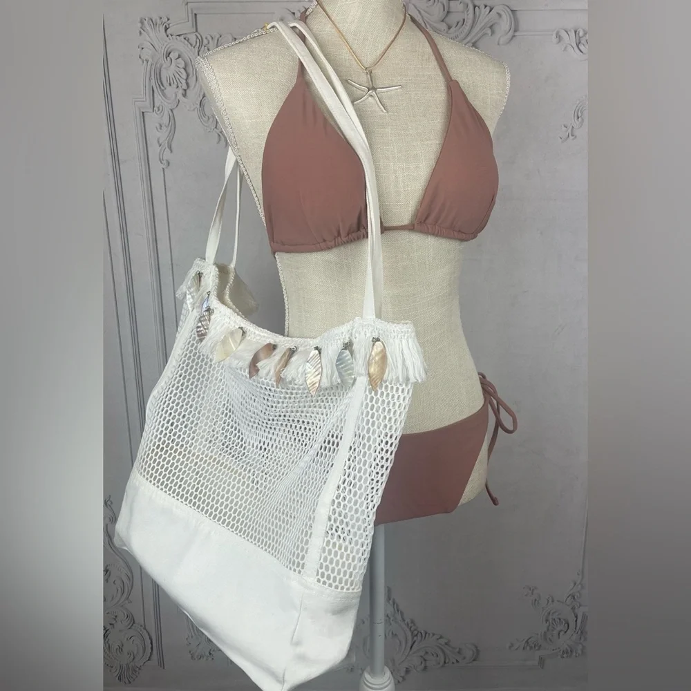 Aruba Bohemian Embellished Fringe Seashell Double Handle Shoulder Tote Bag